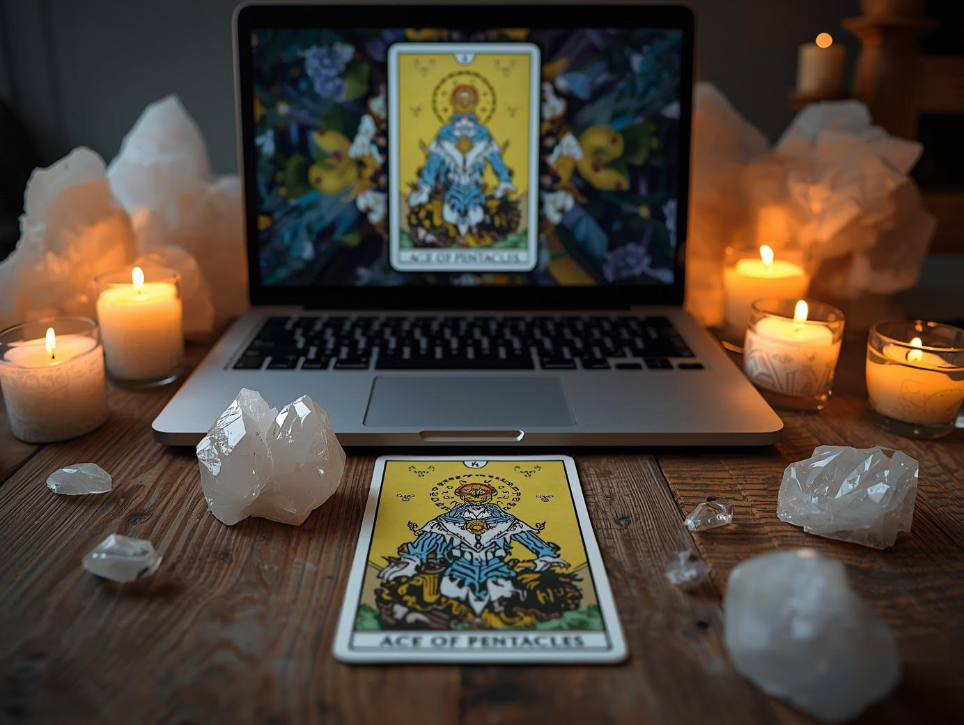 Tarot Card – Ace of Pentacles & Laptop Tarot Card – Ace of Pentacles & Laptop